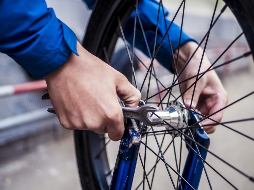 Bike repair at the Cyclo Services shop, Québec City’s Old Port
