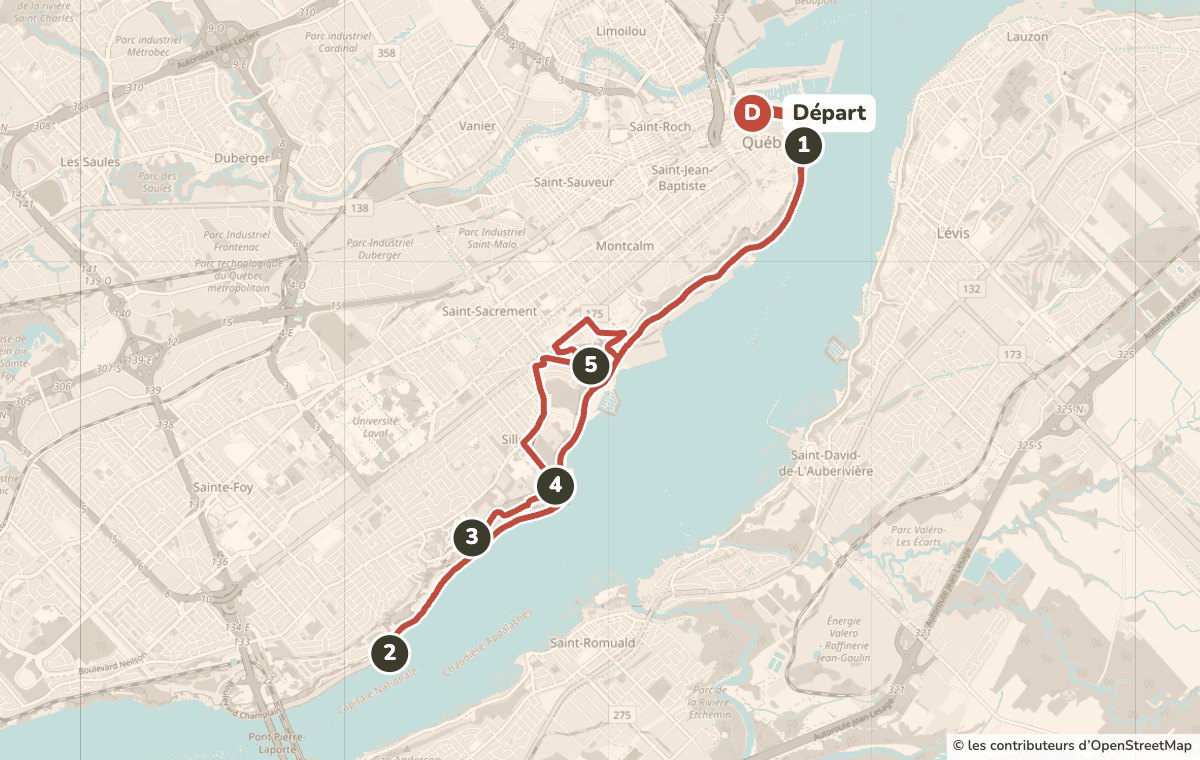 Map of the Along the River guided bike tour from 289 rue Saint-Paul