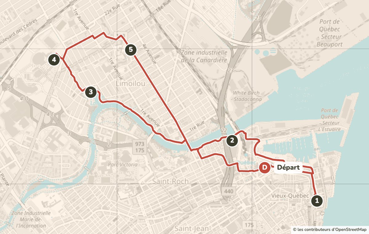 Carte du tour guidé à vélo Basse-Ville et Grand Marché au départ du 289 rue Saint-Paul