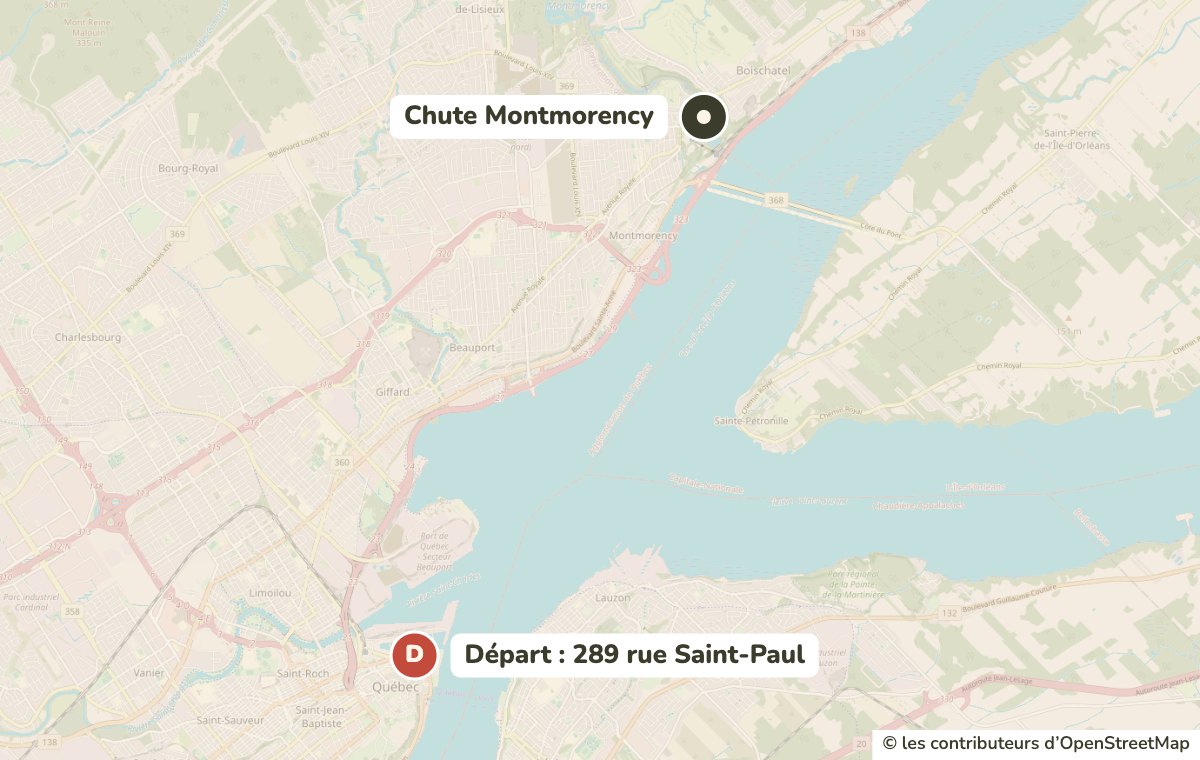 Carte du tour guidé à vélo de la chute Montmorency au départ du 289 rue Saint-Paul