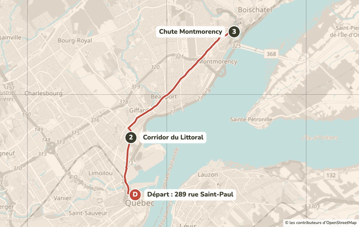 Map of the Montmorency Falls guided bike tour from 289 rue Saint-Paul