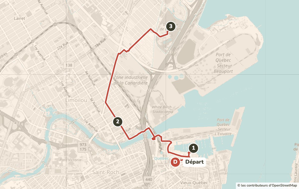 Carte du tour guidé en fatbike au départ du 289 rue Saint-Paul