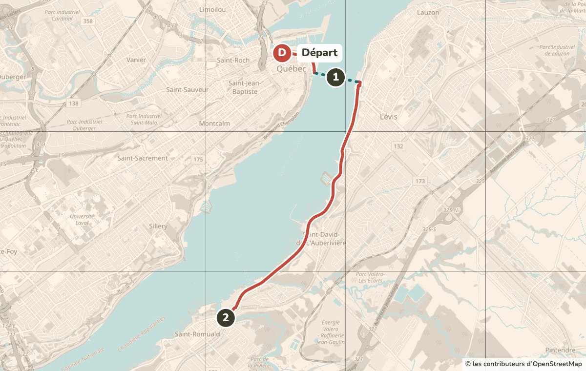 Carte du tour guidé à vélo Traversier et anses de Lévis au départ du 289 rue Saint-Paul