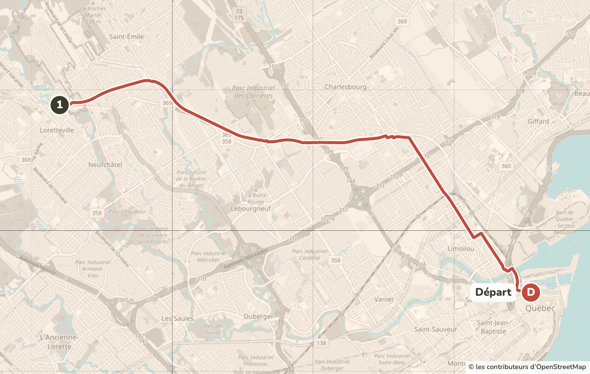 Map of the Wendake guided bike tour from 289 rue Saint-Paul