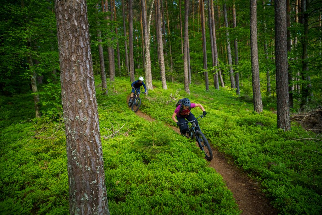 deux personnes faisant du vélo tout terrain en forêt 